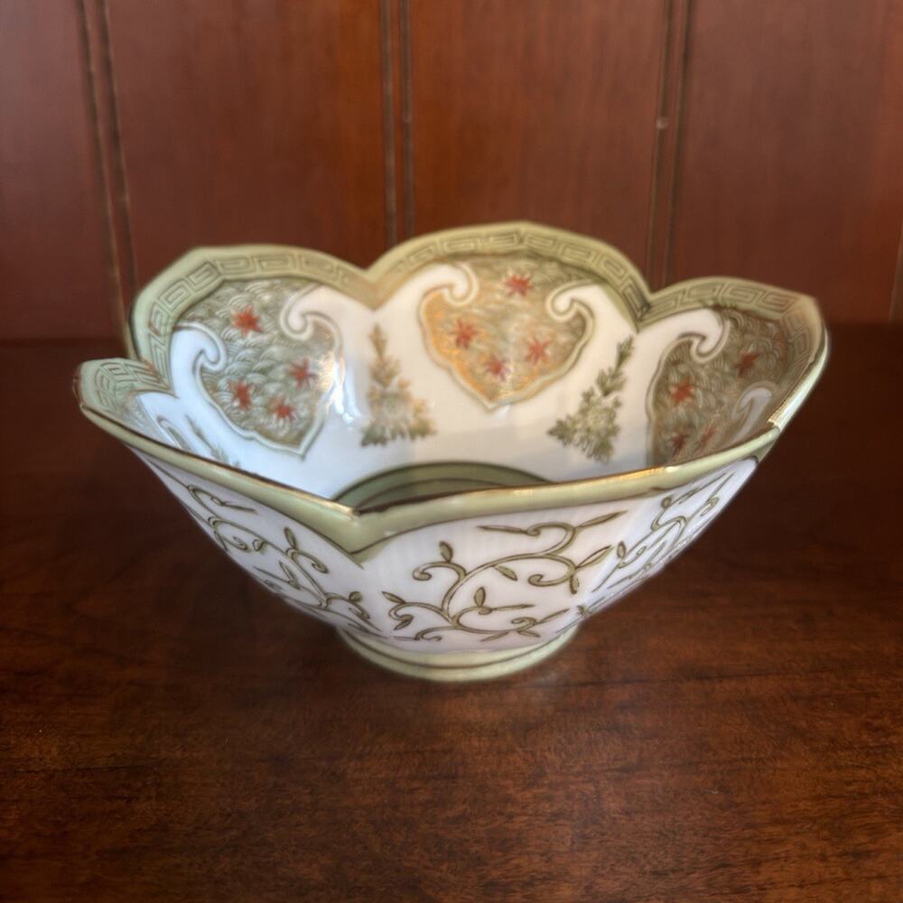 Vintage Andrea by Sadek Japan Decorative Bowl Green White Floral Gold Trim MCM